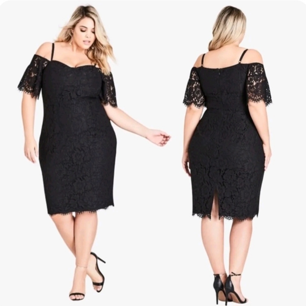 City Chic Navy Blue Lace Dress Size 18 Off the Shoulder Eyelash Lace Sweetheart